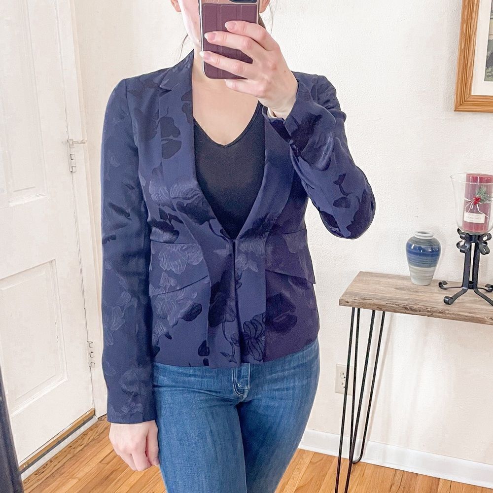 Anthropologie Elevenses Floral Jacquard Blazer Jacket Navy 4